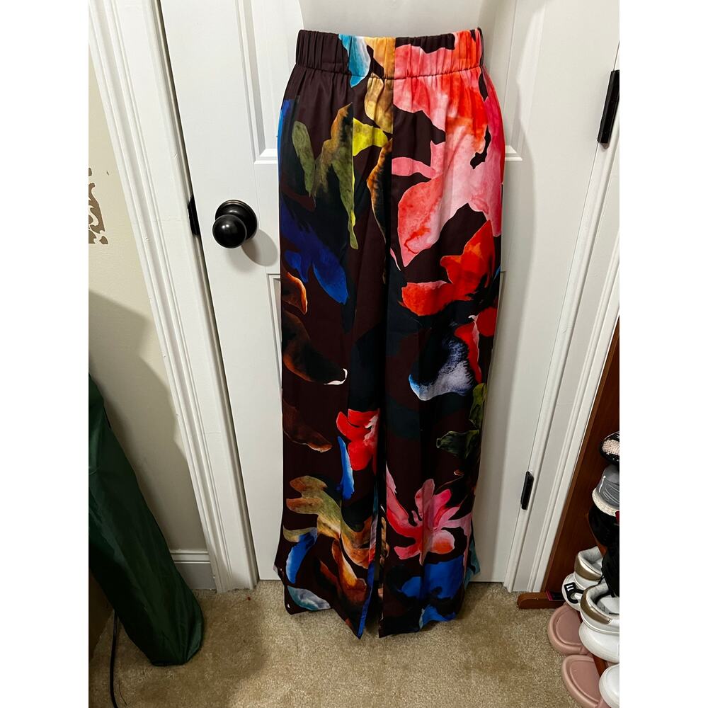 Micas Floral Print High Waisted Straight Leg Pants Large loose fit chiffon NWT - Picture 2 of 11